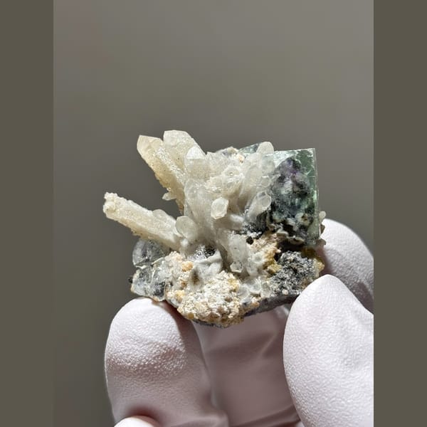 White quartz points with blue-green fluorite from Inner Mongolia — alternate view