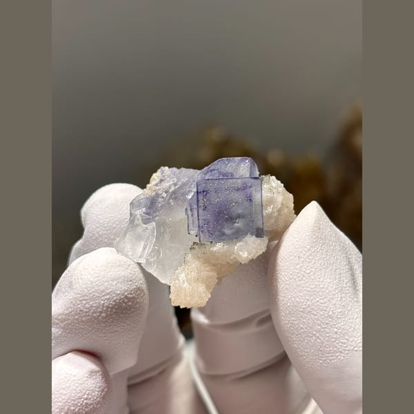 Blue-purple fluorite cubes with pale calcite from Yaogangxian, Hunan — complete view