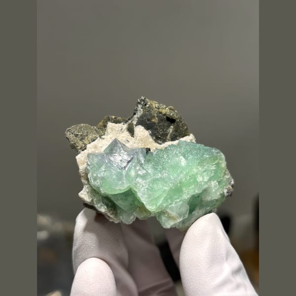Bright green fluorite on matrix from Hunan — alternate view