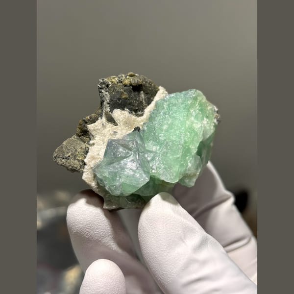 Bright green fluorite on matrix from Hunan — alternate view
