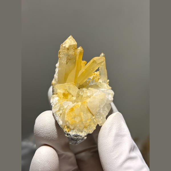 Golden-tinted quartz spray with mica from Xuebaoding — complete view