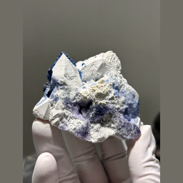 Blue and purple fluorite on white quartz from Inner Mongolia — complete view