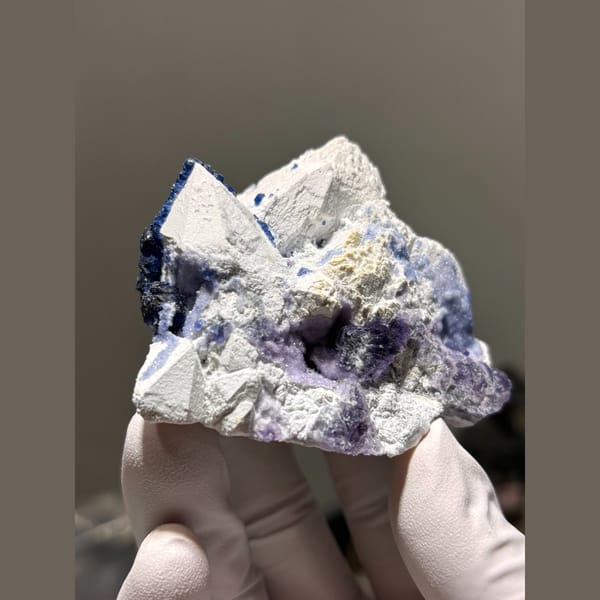 Blue and purple fluorite on white quartz from Inner Mongolia — alternate view