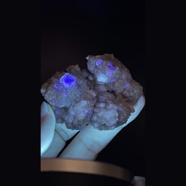 White candle quartz with small blue fluorite from Inner Mongolia — detail view