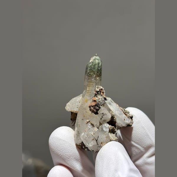 Quartz point with green chlorite tip from Tibet — complete view