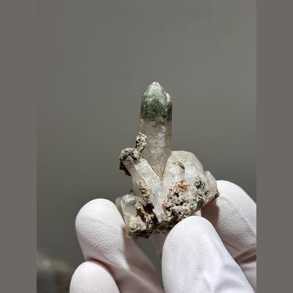 Quartz point with green chlorite tip from Tibet — detail view