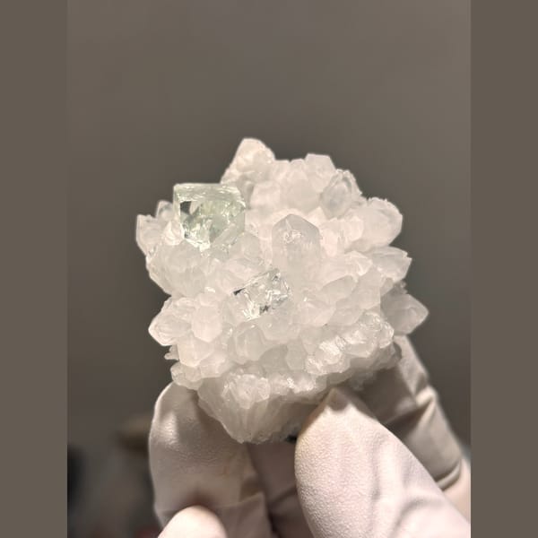 Pale green fluorite on frosty white quartz from Zhejiang — alternate view