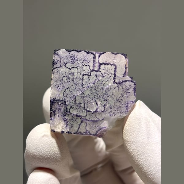 White fluorite with purple maze edging from Guizhou — alternate view