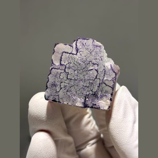 White fluorite with purple maze edging from Guizhou — alternate view