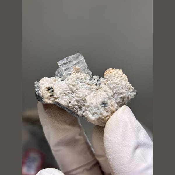 Pale blue fluorite with calcite and galena — alternate view