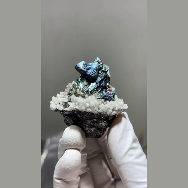 Iridescent sphalerite and pyrite with white quartz from Inner Mongolia — complete view