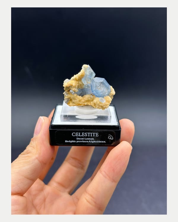 Complete front view of sky-blue celestite above pale calcite