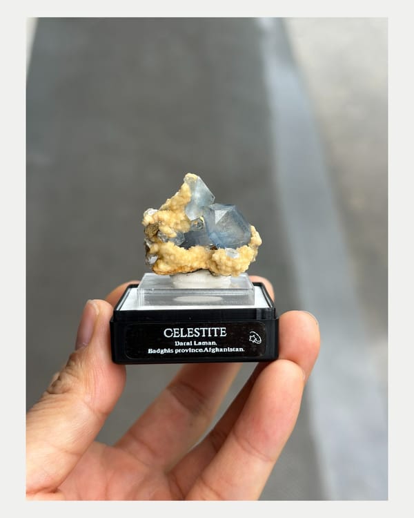 Complete reverse view showing blue celestite crystal and granular base