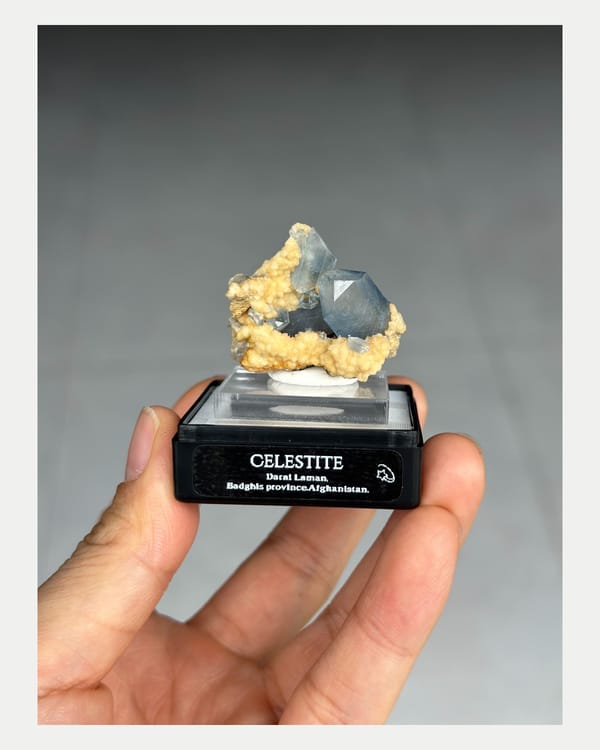 Complete right oblique view of compact Afghanistan celestite specimen