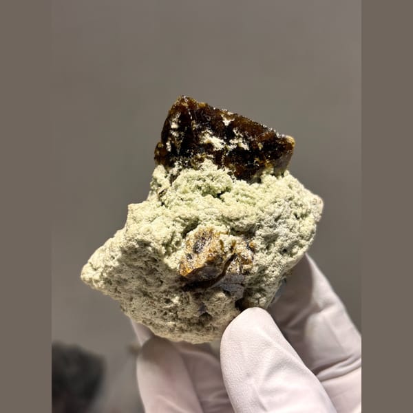 Dark lustrous vesuvianite crystal from Hebei — detail view