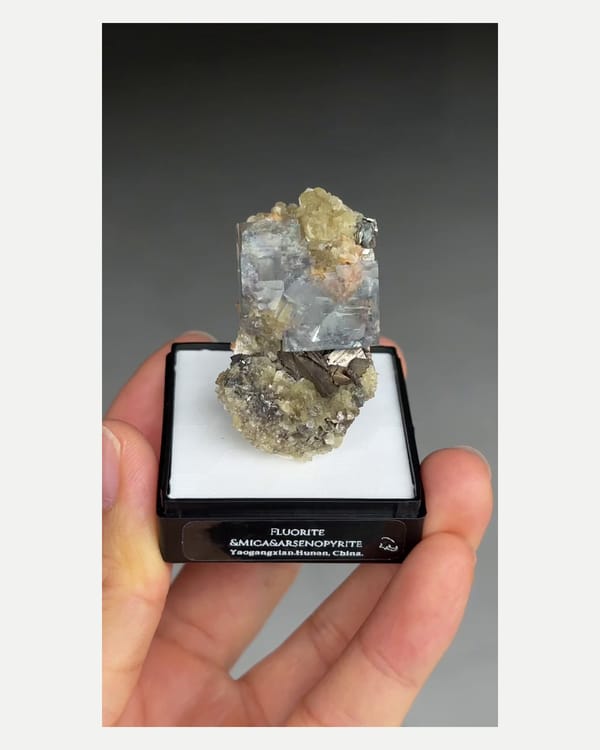 Complete front view of the exact fluorite with mica and arsenopyrite specimen