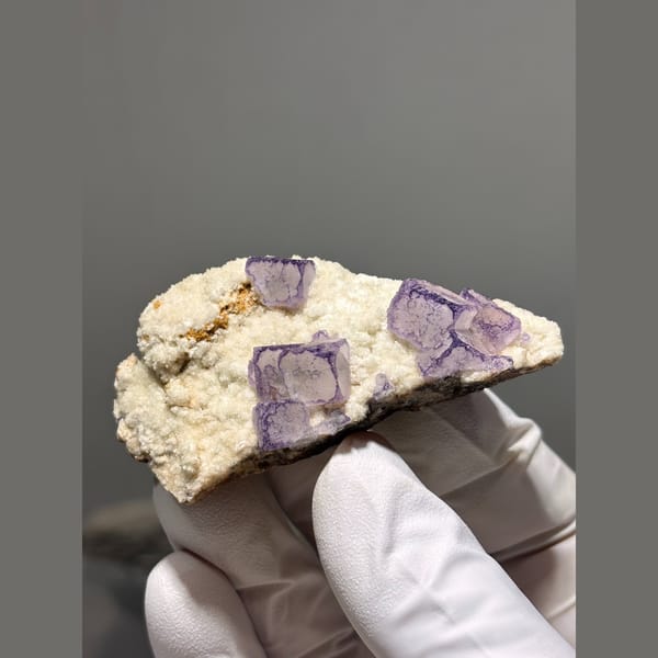 Purple edged fluorite cubes on white matrix from Guizhou — alternate view
