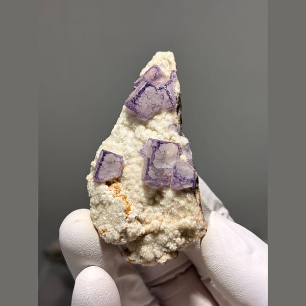 Purple edged fluorite cubes on white matrix from Guizhou — detail view