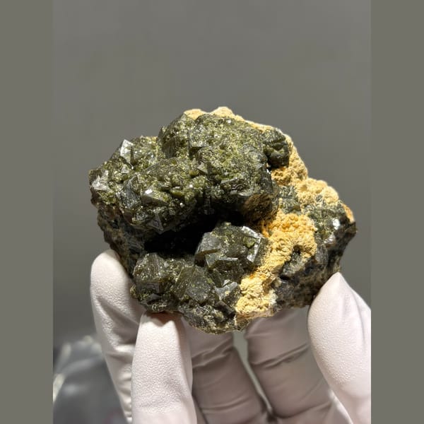 Olive green garnet cluster from Inner Mongolia — alternate view