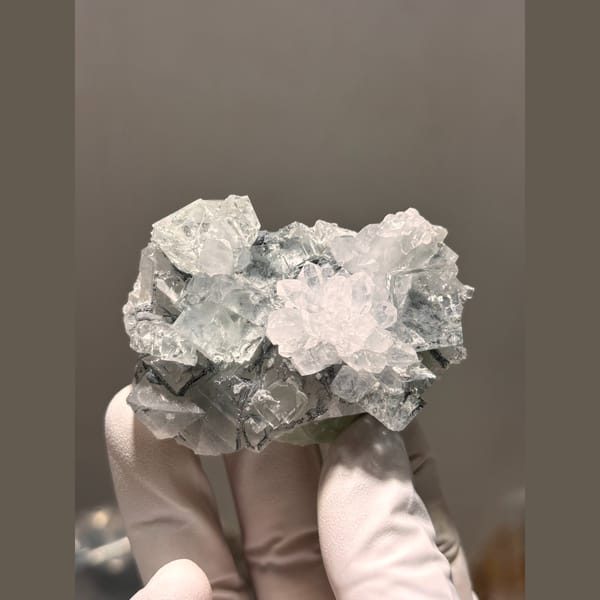Clear stepped fluorite with quartz and calcite from Zhejiang — alternate view