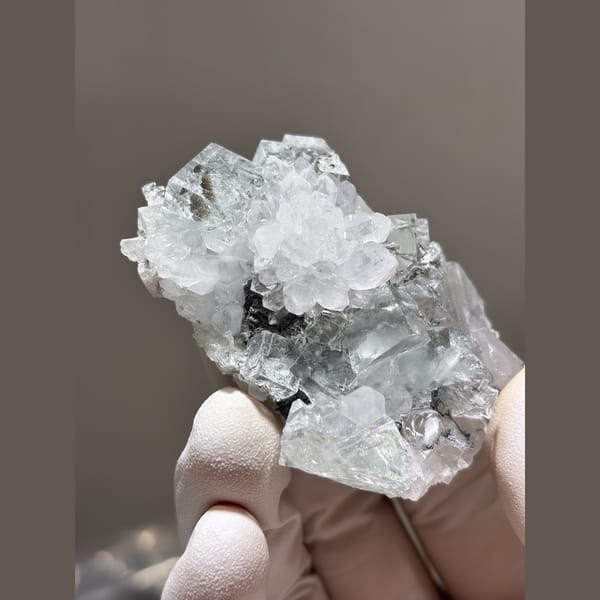 Clear stepped fluorite with quartz and calcite from Zhejiang — alternate view