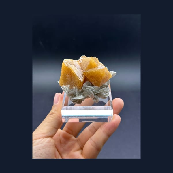 Honey Orange Scheelite Crystals on Mica, Xuebaoding — full specimen view 1 of 3