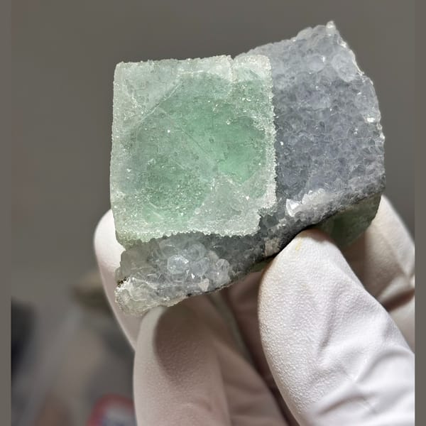 Sugar-textured fluorite cluster — complete view