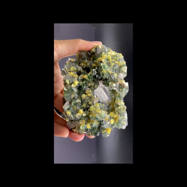 Green fluorite geode with clear quartz and mica from Namibia — complete view