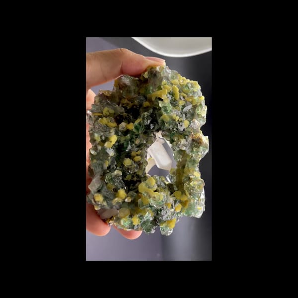 Green fluorite geode with clear quartz and mica from Namibia — alternate view