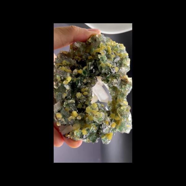 Green fluorite geode with clear quartz and mica from Namibia — alternate view