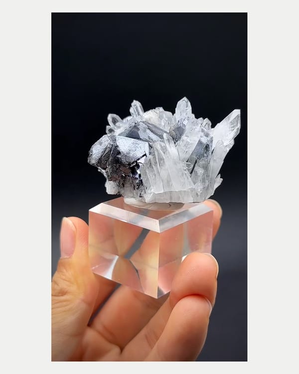 Complete front view of galena with quartz crystals