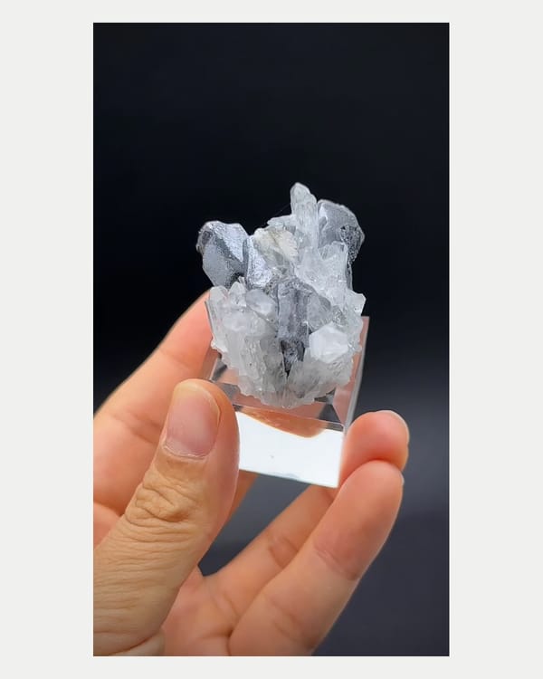 Complete right oblique view of galena with quartz crystals