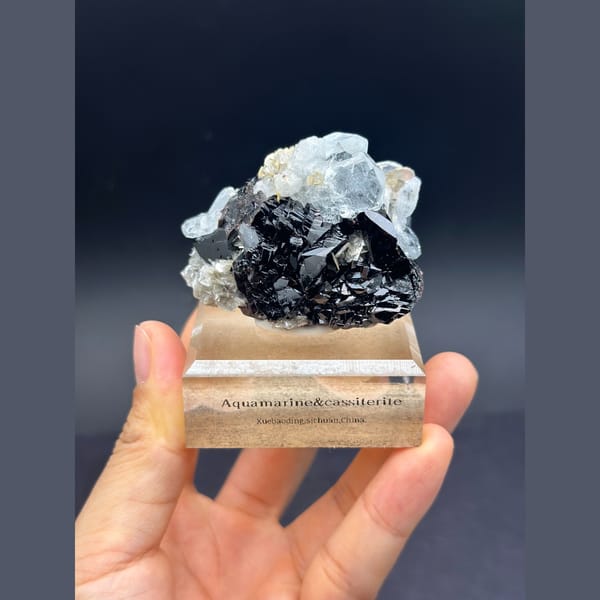 Pale blue aquamarine with black cassiterite from Xuebaoding, Sichuan — complete view