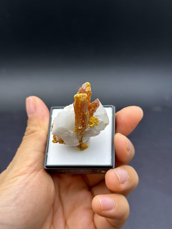 Complete top side view of the exact mounted orpiment and calcite specimen