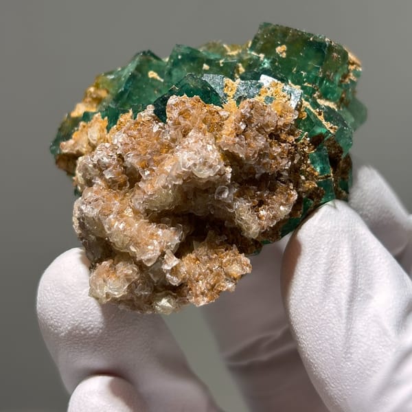 Namibia fluorite with calcite — detail view