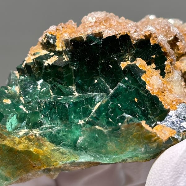 Namibia fluorite with calcite — detail view