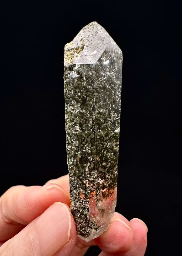 Green Phantom Quartz Point with Speckled Inclusions, Nepal — full specimen view 2 of 4