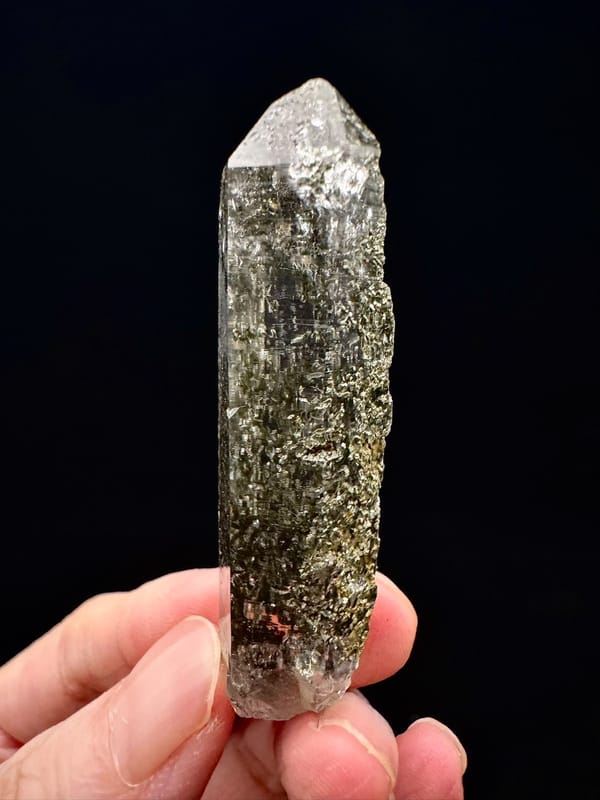 Green Phantom Quartz Point with Speckled Inclusions, Nepal — full specimen view 3 of 4