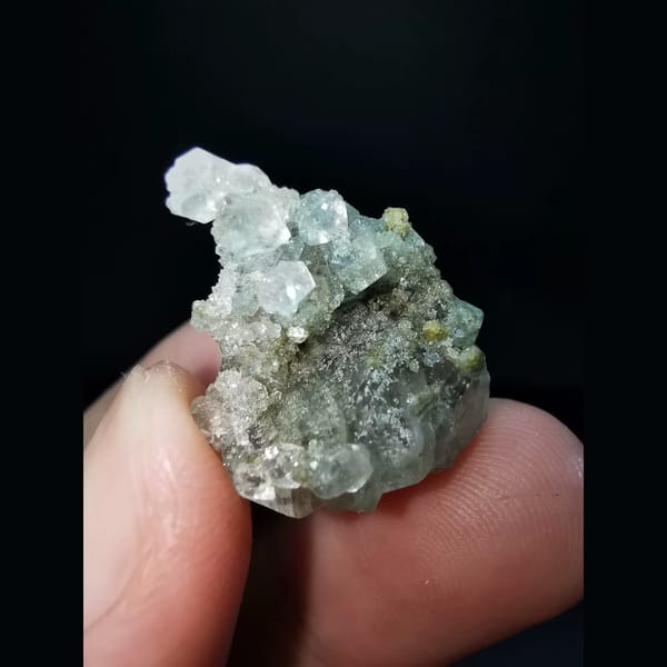 Sparkling apophyllite over yellow-green garnet — complete view