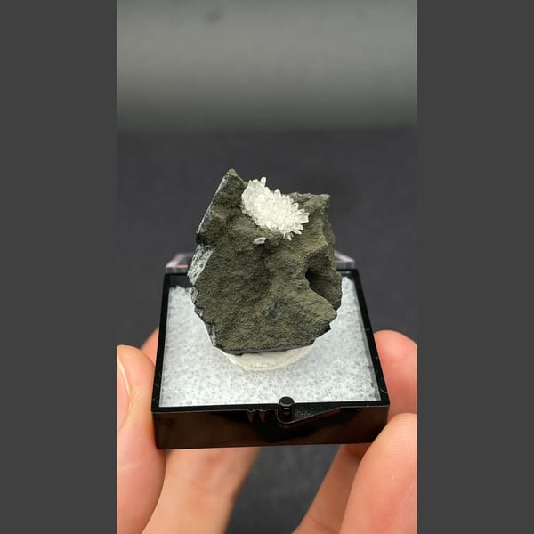 Flower-like white calcite crystal group on dark matrix from Vietnam — detail view