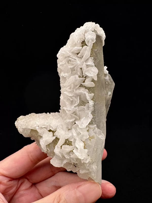 White Petal Calcite on Quartz Column, Inner Mongolia — full specimen view 2 of 3