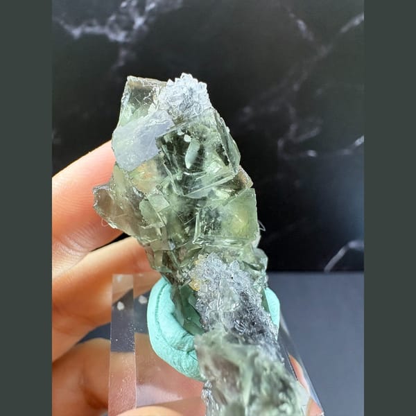 Glassy green octahedral fluorite with quartz from Fujian — alternate view