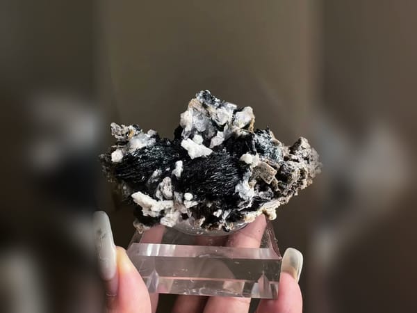 Specular Hematite Rosettes with Feldspar, Black and White Matrix Specimen — alternate view