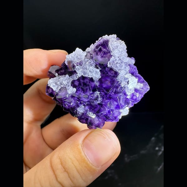 Deep purple fluorite cubes with white quartz from Luoyang — detail view