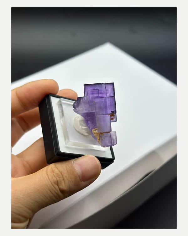 Complete reverse oblique view of the exact purple fluorite specimen