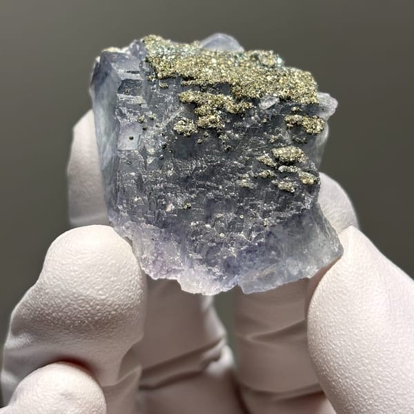 Stepped Yaogangxian fluorite with pyrite — complete view