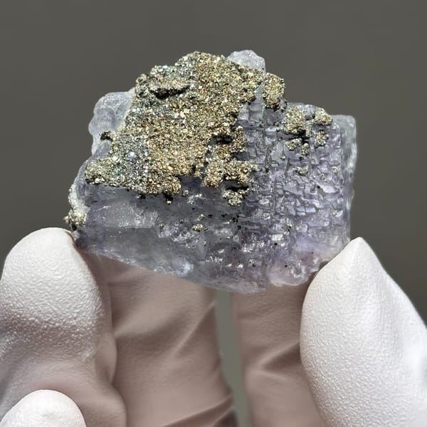 Stepped Yaogangxian fluorite with pyrite — detail view