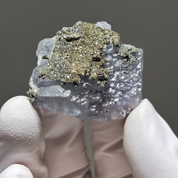 Stepped Yaogangxian fluorite with pyrite — detail view