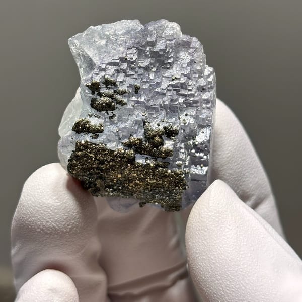 Stepped Yaogangxian fluorite with pyrite — detail view