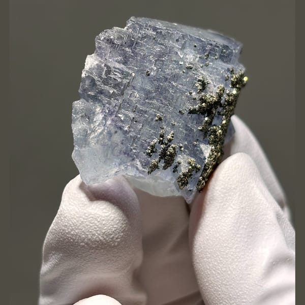 Stepped Yaogangxian fluorite with pyrite — detail view